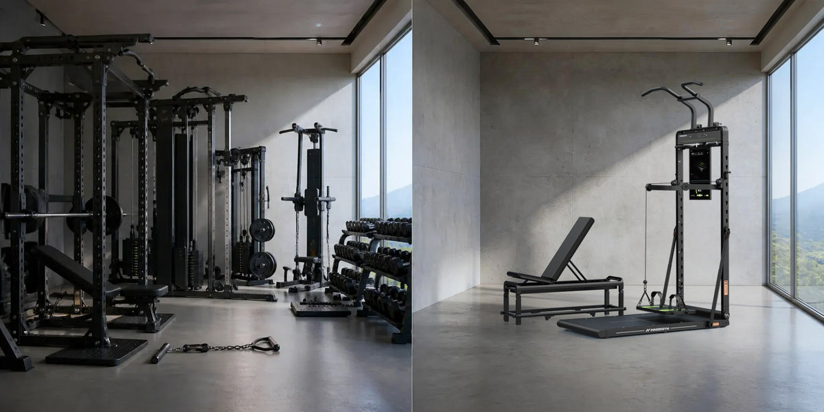 Ein Raum mit separaten Trainingsstationen neben einem OMNI X1 Pro in einem leeren Raum